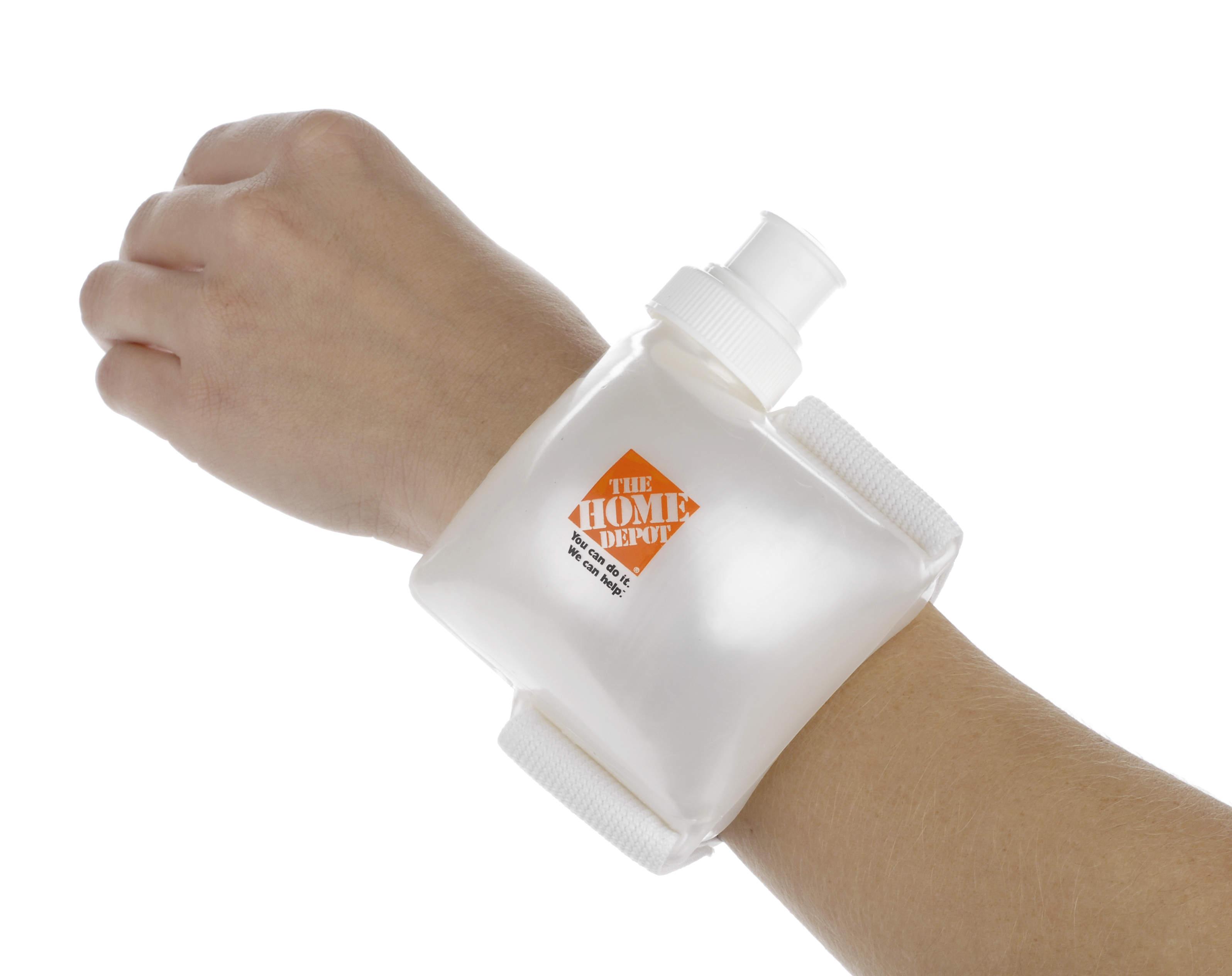 A Swiggies wrist water bottle worn on a wrist, custom-branded with The Home Depot logo.