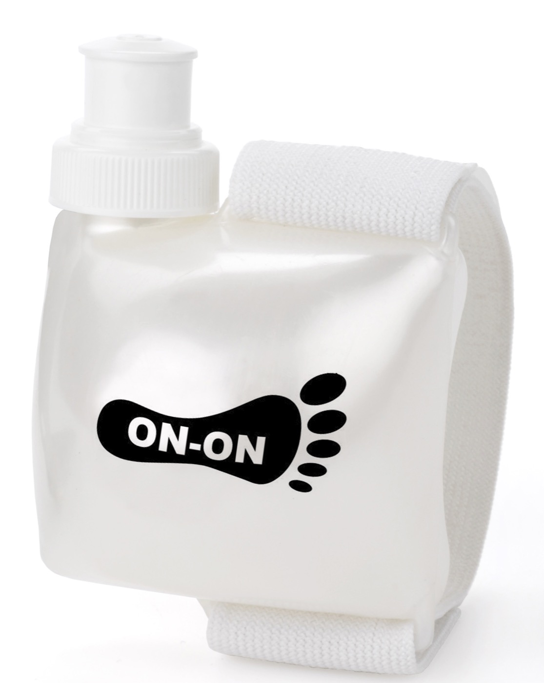 A Swiggies wrist water bottle with the Hash House Harriers On-On footprint logo