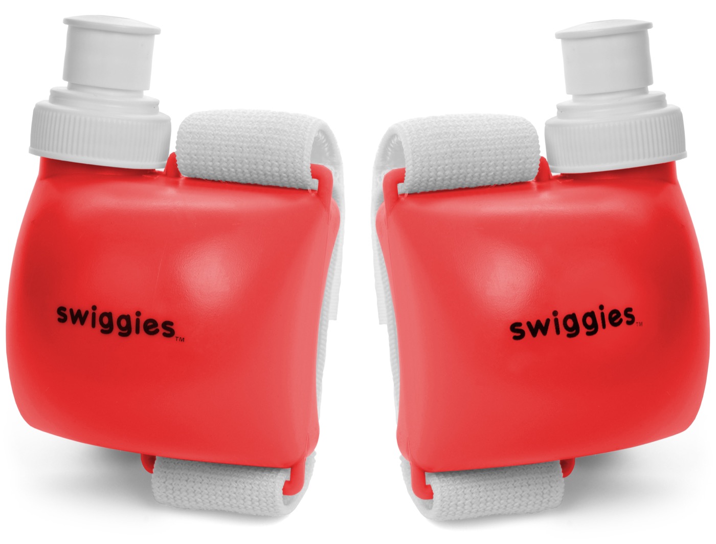 A red Swiggies wrist water bottle